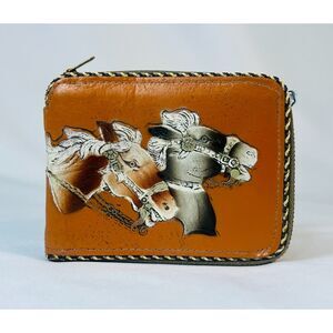 Vintage Leather Bifold Wallet Hand Tooled Horses 1950s Men Boys Cowhide Zip Up